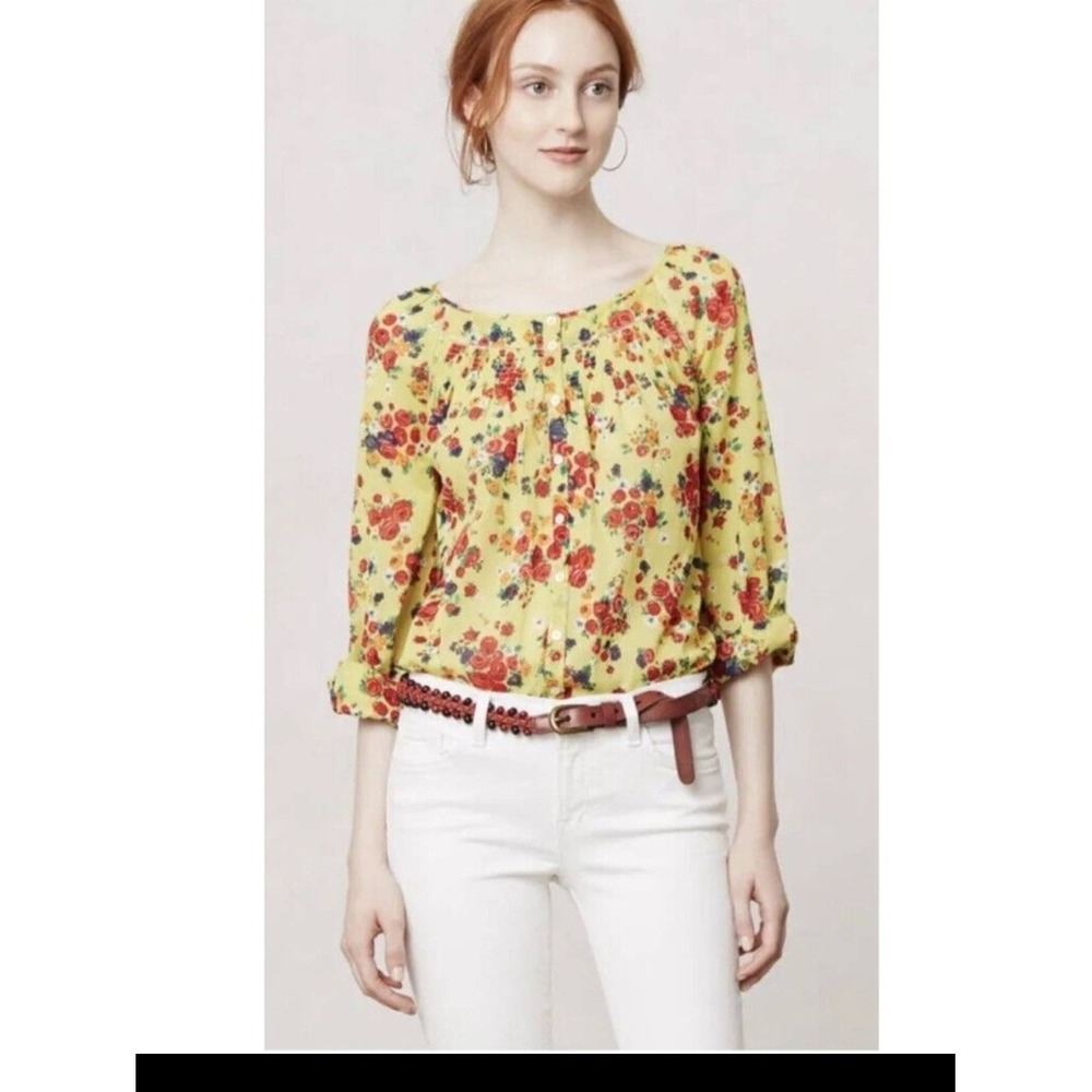 Postmark Anthropologie Blouse Womens 12 Yellow Floral Cotton Boho Pleated Top